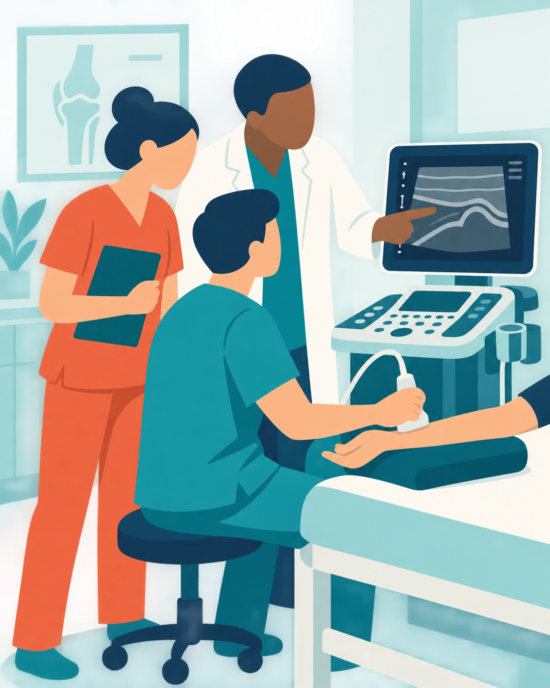 Clip-art illustration of clinicians practicing hands-on ultrasound scanning
