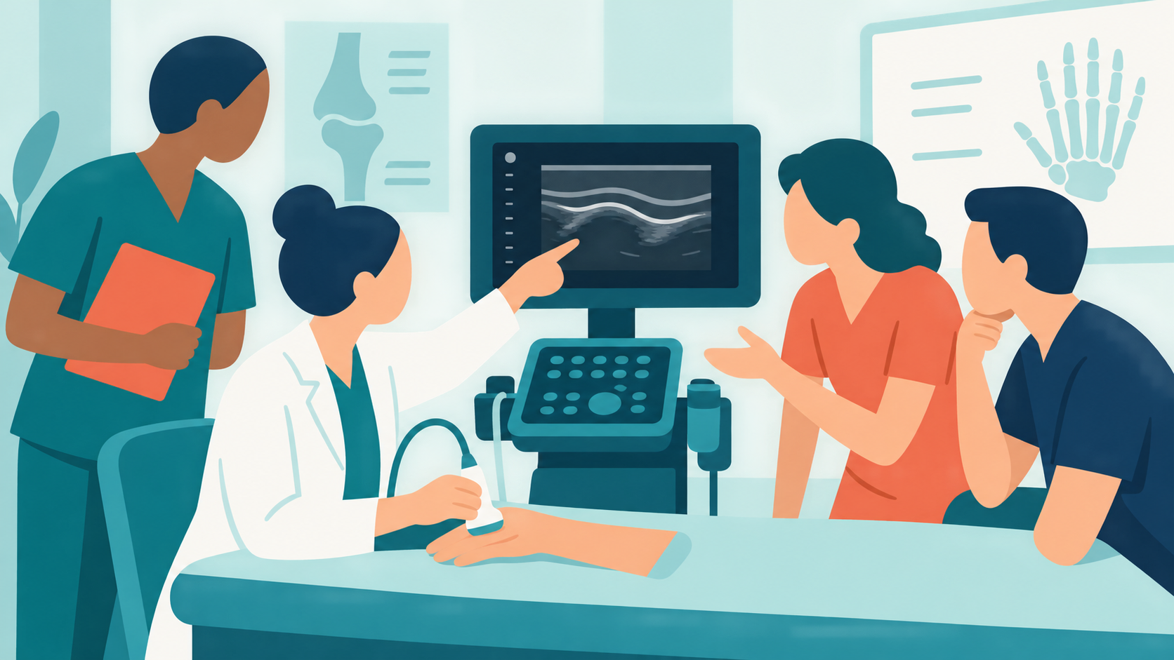Clip-art illustration of faculty and attendees learning around an ultrasound machine
